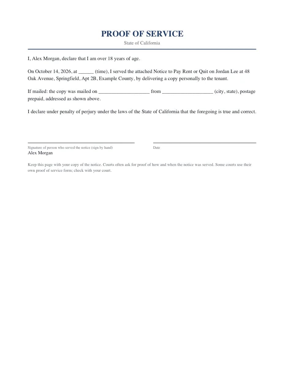 Eviction notice sample proof of service page, pre-filled with the service date and method
