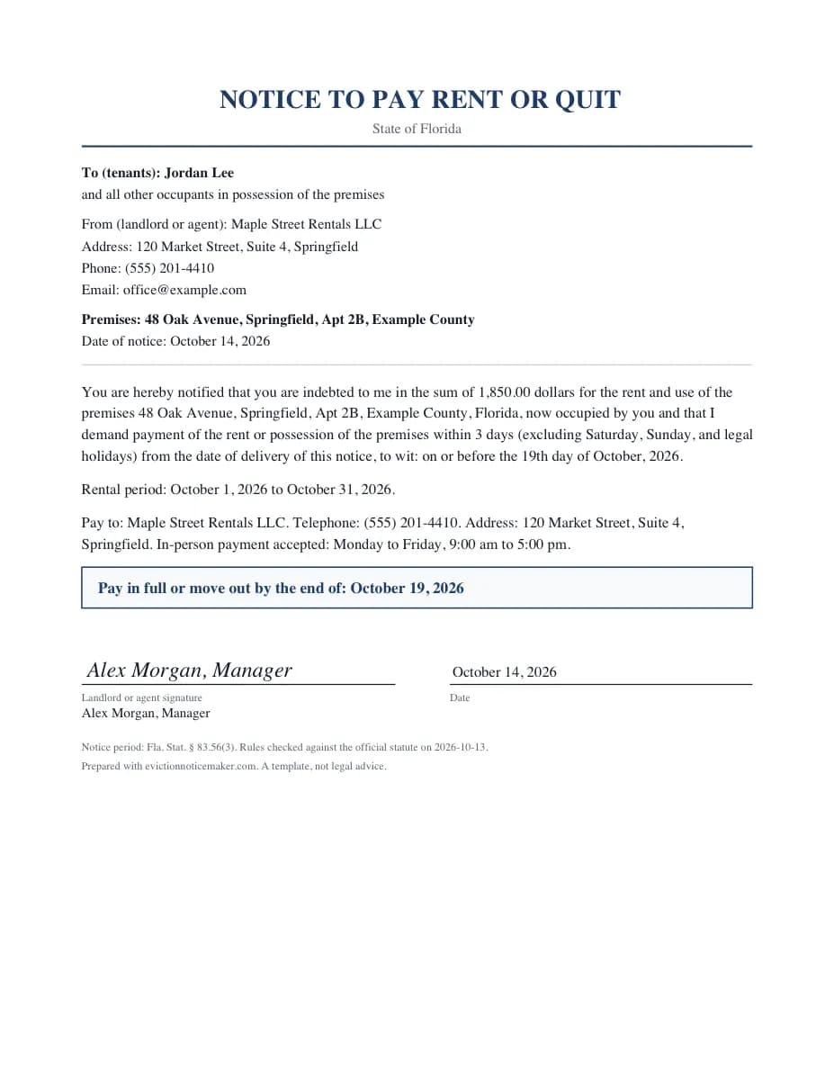 Florida 3 day notice to pay rent or quit example using the statutory wording from section 83.56(3)