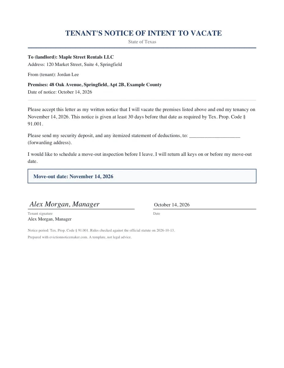 Tenant 30 day notice to vacate example letter for Texas with move-out date and forwarding address