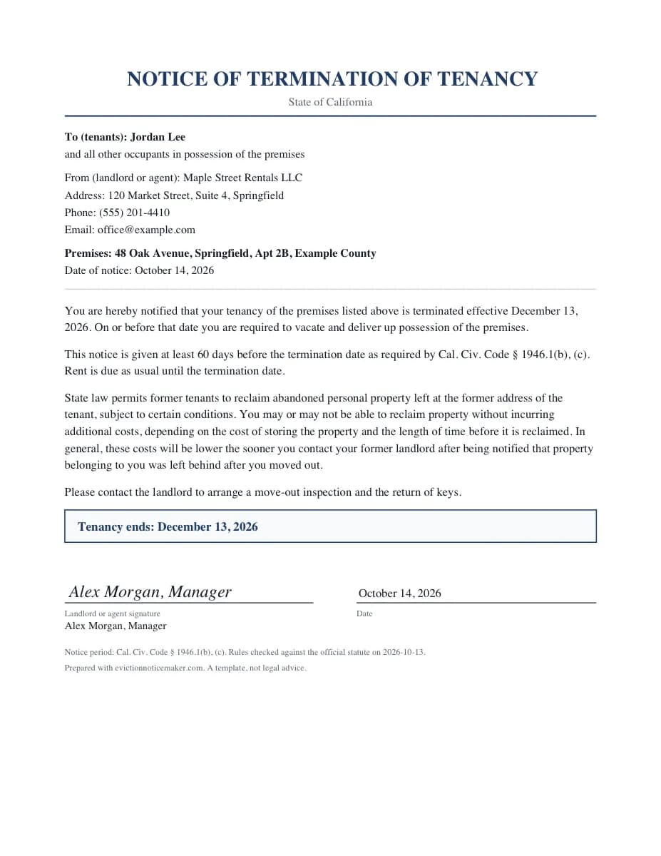 Notice to vacate example: California 60-day notice of termination of tenancy with the abandoned property statement